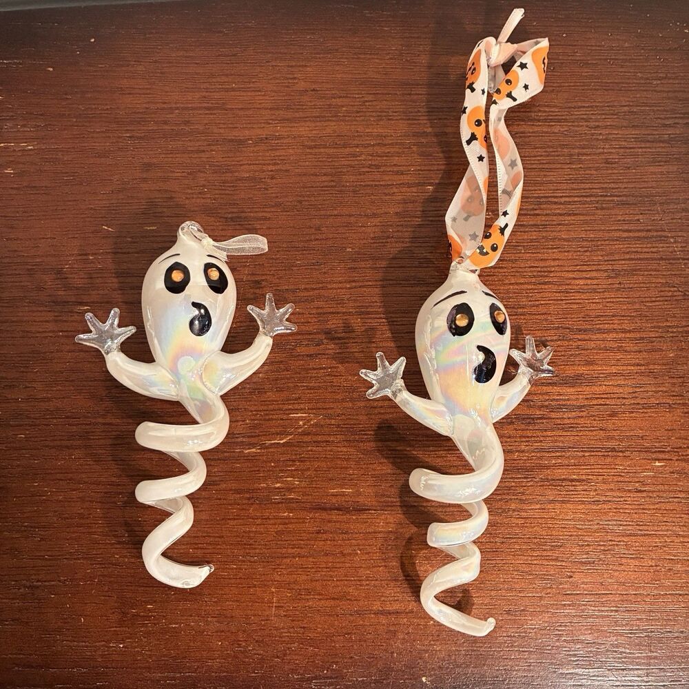 2 Glass Iridescent White Ghost Ornaments From Pier One. Each W/  A Spiral Bottom